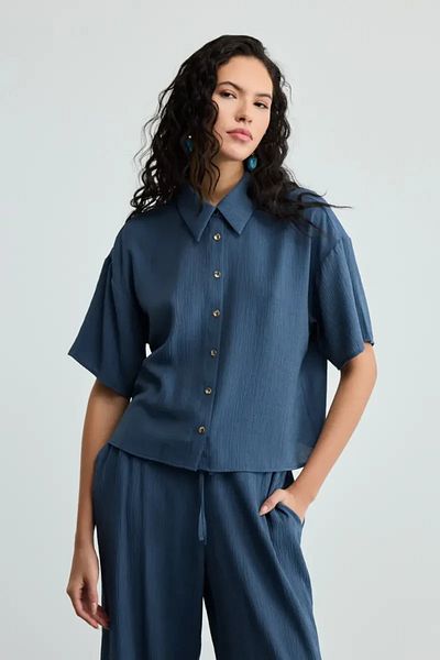 Gusto Κοντομάνικο πουκάμισο Crinkle - Navy Blue