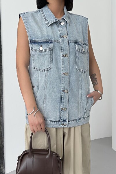 RICHMOST Women's Denim Vest with Sleeveless and Pocket Standard Length Shirt Collar Snow Wash Light Blue Four Seasons