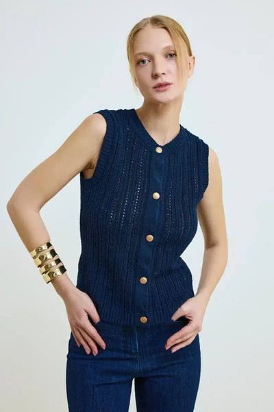 Gusto Buttoned Cotton Knitwear Vest - Navy Blue