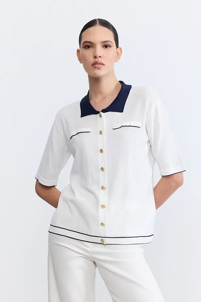 Gusto Polo Neck Mercerized Blouse - Ecru