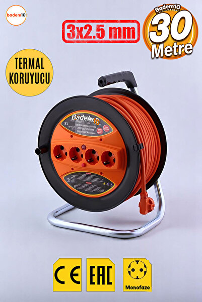 Badem10 Makaralı Cca Uzatma Kablosu 3x2.5 Mm 30 Metre 4 Prizli Monofaze Terma...