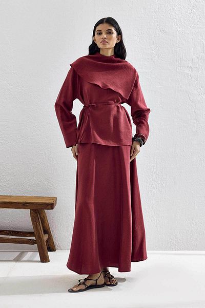 Hooopstore Burgundy Skirt Suit with Cape Detail