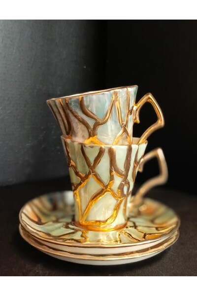 BY.RAYKA PORSELEN El Dekor Porcelain Hand Decorated Painting 2 Coffee Cup