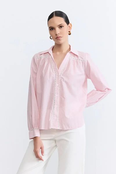 Gusto Striped Lace Detailed Cotton Shirt - Red