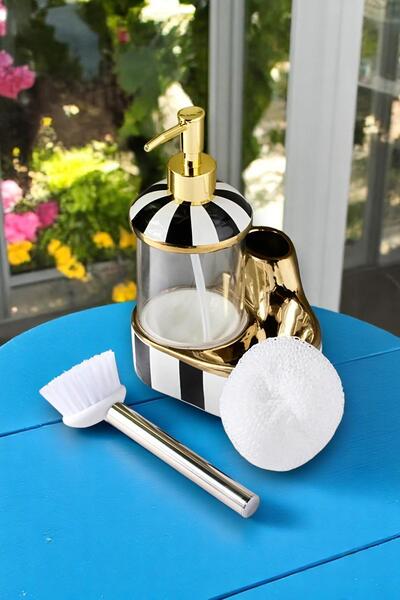 ALBETTO Cam Hazneli Porselen Mutfak Set Sıvı Sabunluk Çizgili 350ml 40099