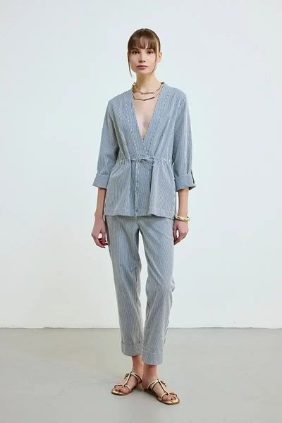 Gusto Striped Jacket with Rope Belt at Waist - Navy Blue