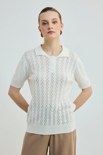 Gusto Bluză tricotată cu mânecă scurtă ajurata cu gât polo - Ecru