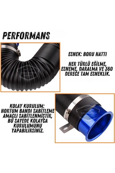 ŞüsCarOto Aksesuar Universal Accordion Outdoor Air Filter Pipe Extending Flexible Hose 75 mm Air Filter Extension Sprali Blue