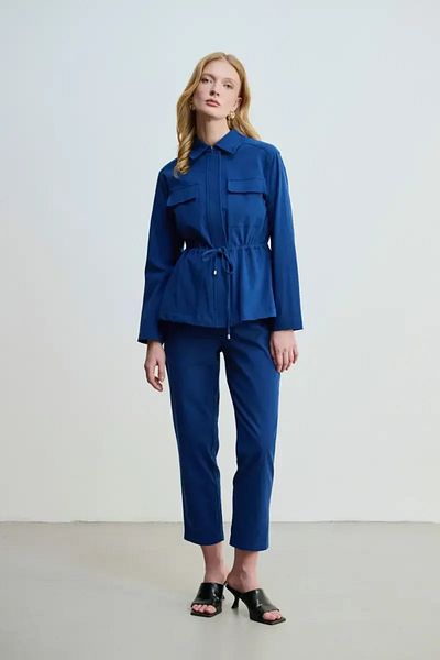 Gusto Shirred Waist Canvas Jacket - Navy Blue