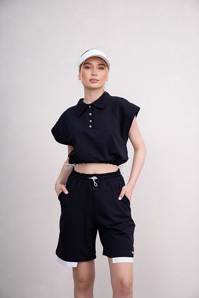 PONÇİK Women's Shirt Collar Combed Cotton Shorts Suit with Pocket Elastic 25066