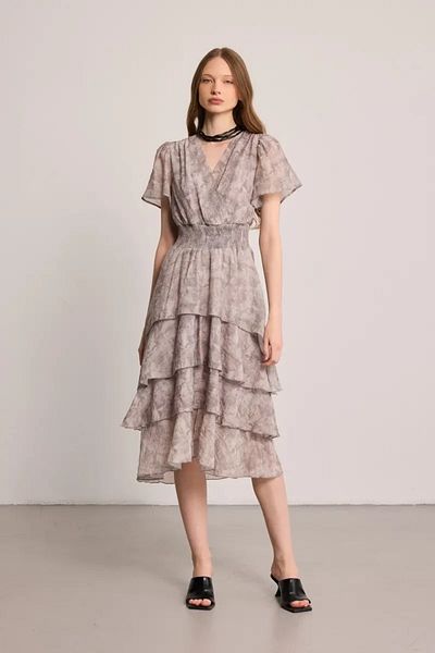 Gusto Wrap Cut Layered Long Dress - Gray