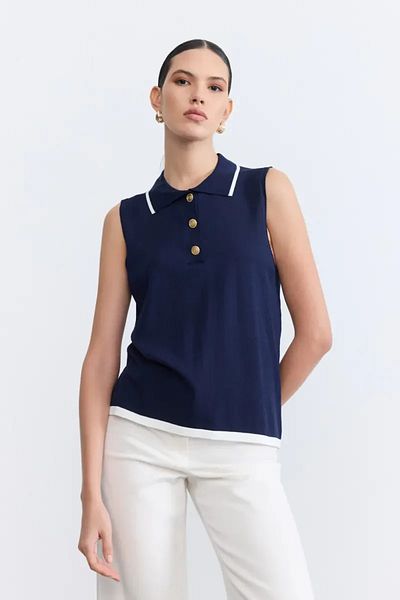 Gusto Πλεκτή μπλούζα με κουμπιά Polo Neck - Navy Blue