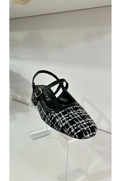 ÖZDE shoes حذاء باليرينا بكعب قصير من قماش التويد باللون الأسود والأبيض