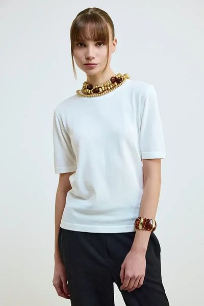 Gusto Short Sleeve Crew Neck Knitwear Blouse - Ecru