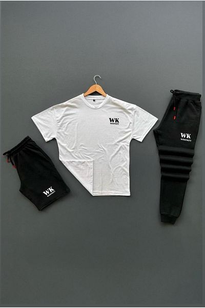 woonkey Unisex Oversize Wk Printed Cycling Collar Combed Tee Shorts Tracksuit 3 Piece Set