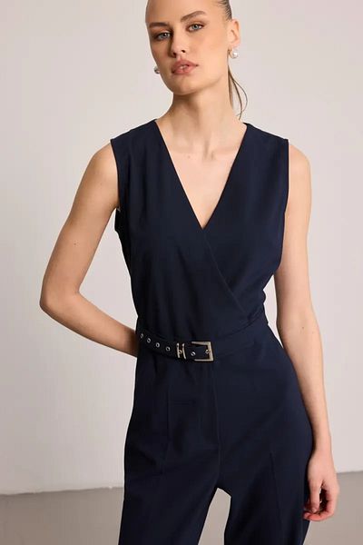 Gusto Wrap Cut Jumpsuit with Belt - Navy Blue