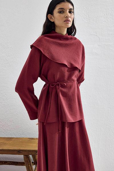 Hooopstore Burgundy Skirt Suit with Cape Detail