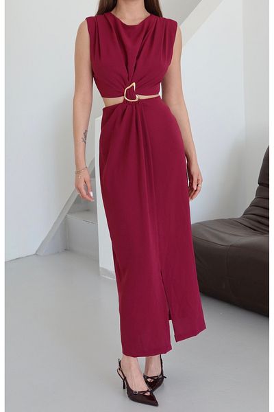 Laluvia Rochie decoltată laterală cu cataramă în față roșu Claret - 8190