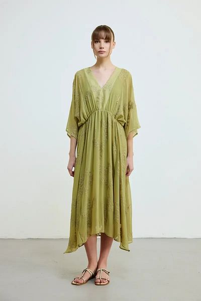 Gusto Embroidered Long Lined Chiffon Dress -Green
