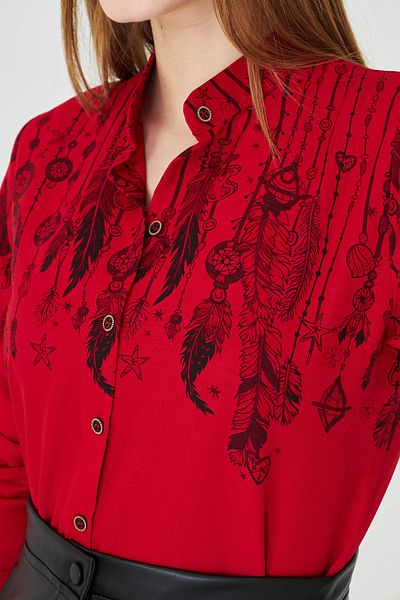 armonika Women's Red Judge Collar Patterned Shirt Arm-25Y 001013