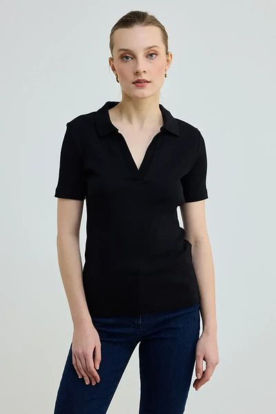 Gusto Tricou camisole din bumbac cu gât polo - negru
