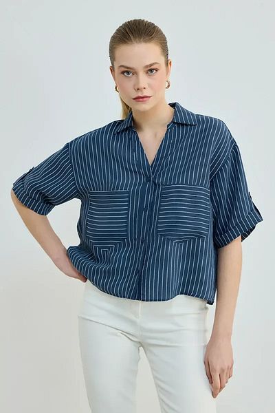 Gusto Κοντό πουκάμισο με ριγέ τσέπη - Navy Blue