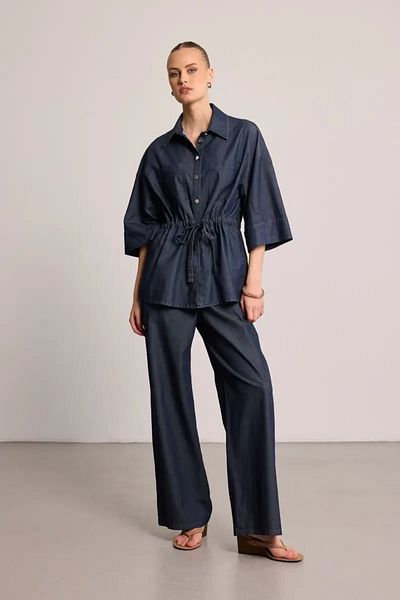 Gusto Pantaloni largi din denim cu talie elastică - albastru