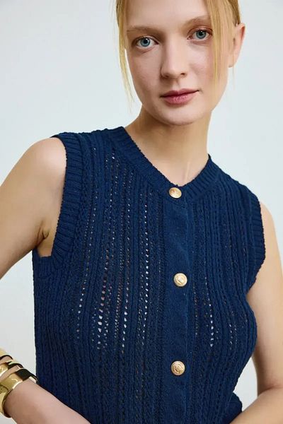 Gusto Buttoned Cotton Knitwear Vest - Navy Blue