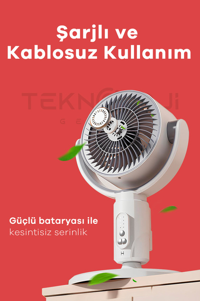 Teknoloji Gelsin F1 Fan Masaüstü ve Ayaklı Kullanım Şarjlı Döner Başlı Zaman Ayarlı Kumandalı 5 Kademeli Vantilatör