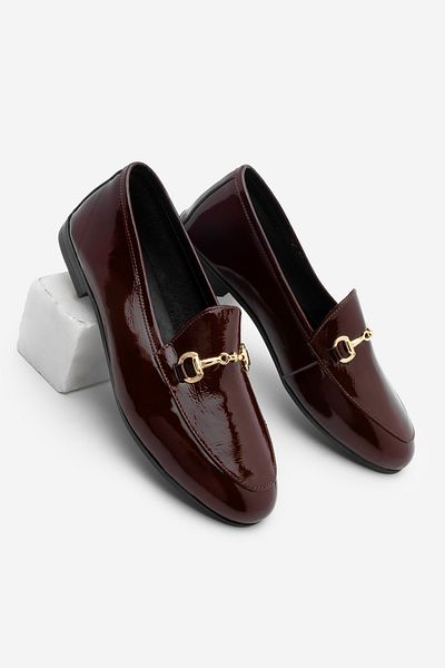 Marjin Women's Genuine Leather Chain Loafer Casual Shoes Tanle Burgundy Patent Leather