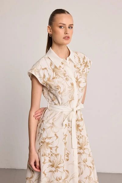 Gusto Embroidered Long Lined Dress with Belt - Beige