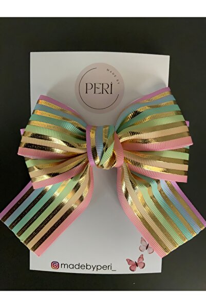 MADE BY PERİ مشبك؛ مشبك على شكل فيونكة للأطفال والكبار من الشريط المخطط والذهبي.