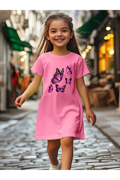 LOUİSA Κοριτσίστικο μωβ πεταλούδες με στάμπα ροζ μπλουζάκι-φόρεμα