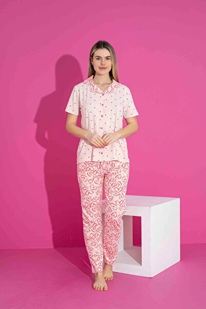 Tarık Anne Kız Kombin Kısa Kollu Gömlek Uzun Alt Likralı Penye Kumaş Orta Kalın Pijama Takımı-3027