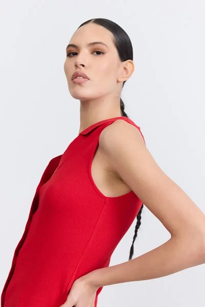 Gusto Polo Neck Cotton Camisole Buttoned Blouse - Red