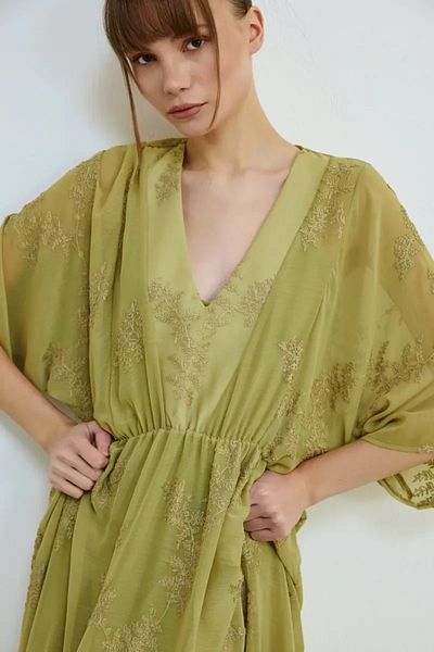 Gusto Embroidered Long Lined Chiffon Dress -Green