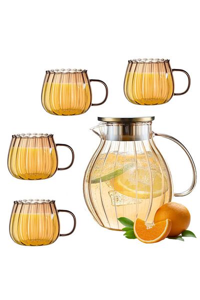 Quasar & Co. Kettle Set With 4 Cups, with Filter, Lid, 1600ml/4x400ml, Borosilicate Glass/Stainless Steel, Amber