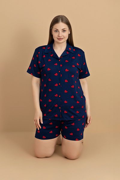 Fulla Moda Plus Size Heart Printed Shirt Collar Shorts Pajama Set