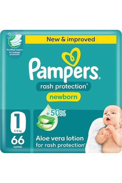 Pampers Rash Protection Taped Diapers, Size 1, 2-5kg, +50% Aloe Vera Lotion for Rash Protection, 3x