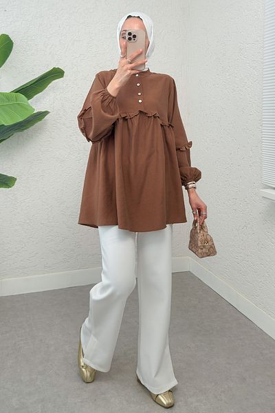 Salih Çelebi Frilly Balloon Sleeve Tunic 2295 - Brown