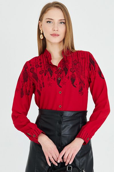 armonika Women's Red Judge Collar Patterned Shirt Arm-25Y 001013