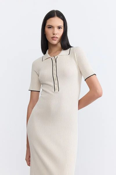 Gusto Polo Neck Buttoned Knitwear Dress - Ecru