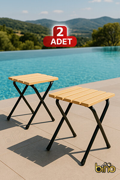 Bino 2 ADET Kamp ve Bahçe Taburesi Sandalye Suya Dayanıklı Şık Ahşap Tasarım Katlanır Ahşap Kamp Taburesi