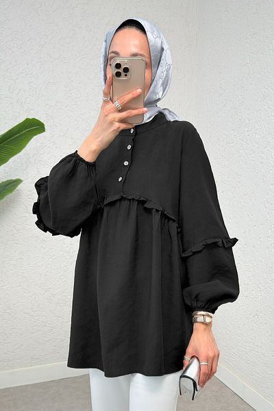 Salih Çelebi Frilly Balloon Sleeve Tunic - Black