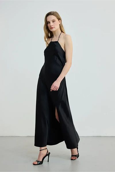 Gusto Halter Neck Satin Long Evening Dress - Black