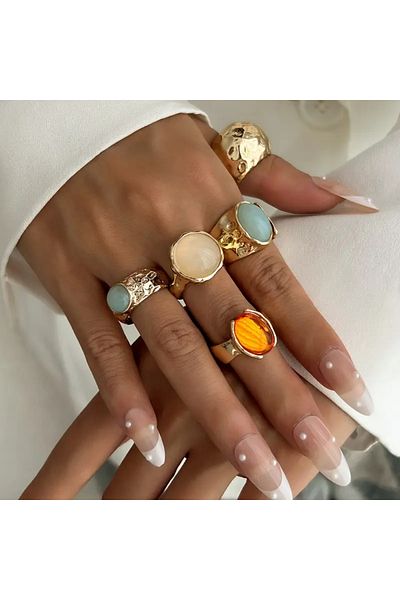 Takıtolia Sandy - 5 Pieces Crystal Blue Orange Stone Stylish Design Vintage Multiple Gold Gold Ring Set