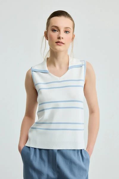 Gusto Polo Neck Striped Knitwear Blouse - Ecru