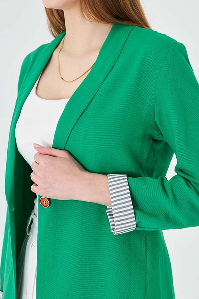 armonika Women's Grass Green Striped Inside Sleeve Single Button Jacket Arm-22K 001122