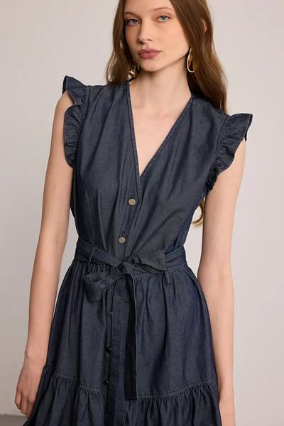 Gusto Rochie din denim cu volan cu maneci - albastru