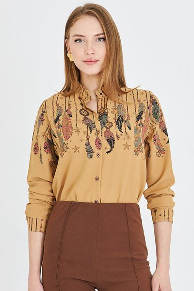 armonika Women's Camel Judge Collar Patterned Shirt Arm-25Y 001013